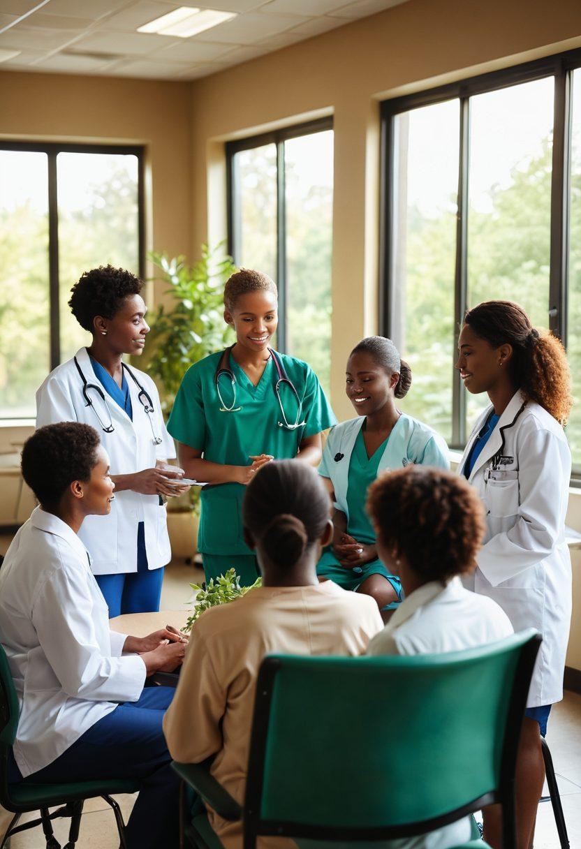 A serene hospital scene featuring a diverse group of patients and healthcare professionals engaging in a supportive circle, sharing stories and wellness tips. Incorporate elements of nature, like sunlight streaming through windows with green plants, symbolizing hope and healing. Highlight supportive gestures, like a comforting hand on a shoulder, and include informational charts and resources in the background. The atmosphere should radiate warmth and community spirit. super-realistic. vibrant colors. soft-focus background.