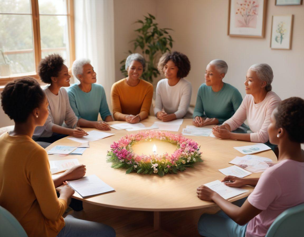 A serene, calming scene featuring a diverse group of people engaged in a supportive circle, sharing insights about cancer treatment. In the background, there are soft, soothing colors and illustrations of informational materials like brochures and books on wellness. Include symbols of hope, like a blooming flower and a glowing light, to represent strength and support. The overall atmosphere conveys a sense of community, learning, and healing. vibrant colors. super-realistic.