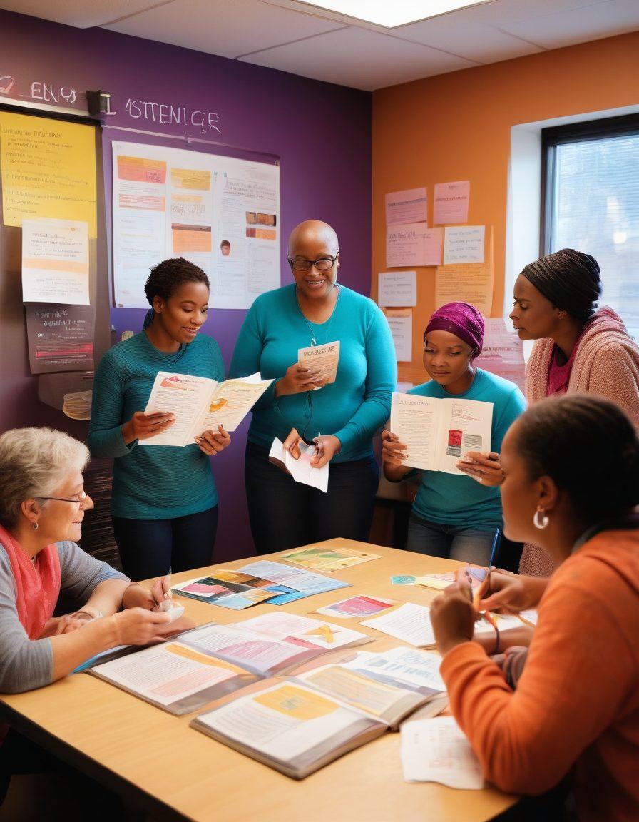 A diverse group of empowered people engaging in a community workshop about cancer education, showcasing supportive interactions, colorful informational posters, and advocacy materials. The atmosphere is vibrant and hopeful, symbolizing strength and resilience. Include elements like books, pamphlets, and a chalkboard with important cancer statistics. super-realistic. vibrant colors. warm lighting.